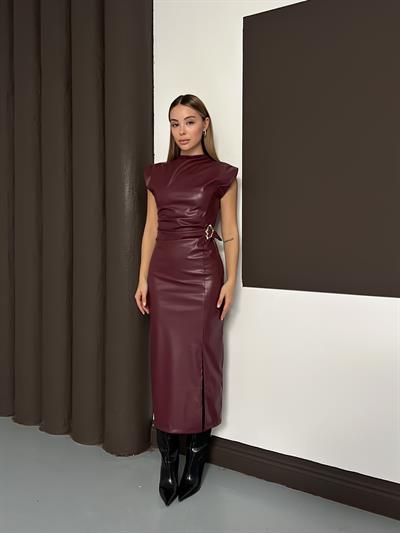 Taylor Midi Deri Elbise Bordo