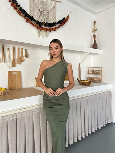 Tek Omuz Taş Detaylı Yırtmaçlı Double Kumaş Elbise Haki