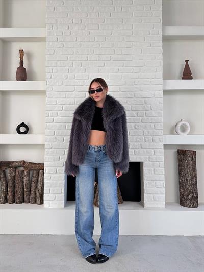 Yumuşak Dokunuşlu Oversize Premium Kürk Peluş Mont Önü ÇıtÇıt Kapamalı Antrasit
