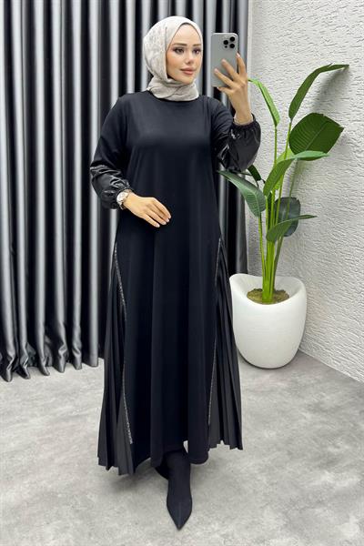Açelya Deri Detaylı Elbise 3359 Siyah