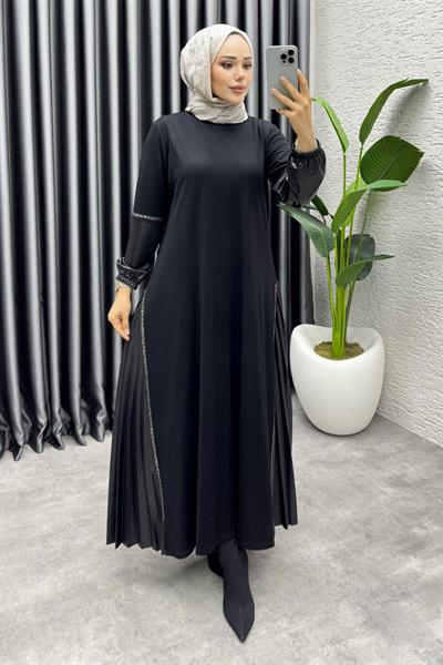 Açelya Deri Detaylı Elbise 3359 Siyah