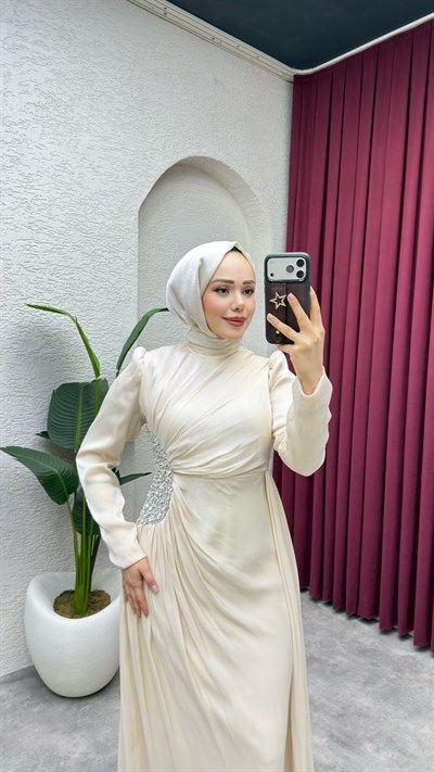 Ahu Beli Taşlı Janjan Abiye 8082 Vizon