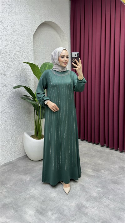 Asya Önü Taşlı Elbise 3468 Zümrüt