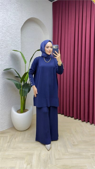 Azra Merserize Pantolonlu Takım 7045 Lacivert