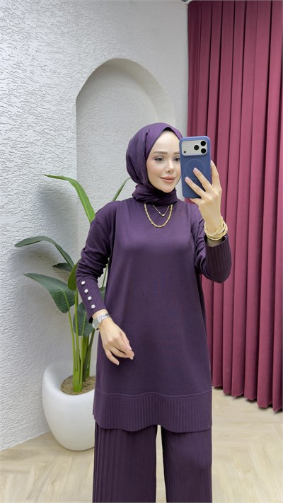 Azra Merserize Pantolonlu Takım 7045 Mürdüm