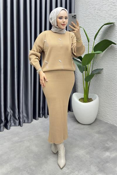 Bahar Taş Detaylı Triko Takım 1018 Latte