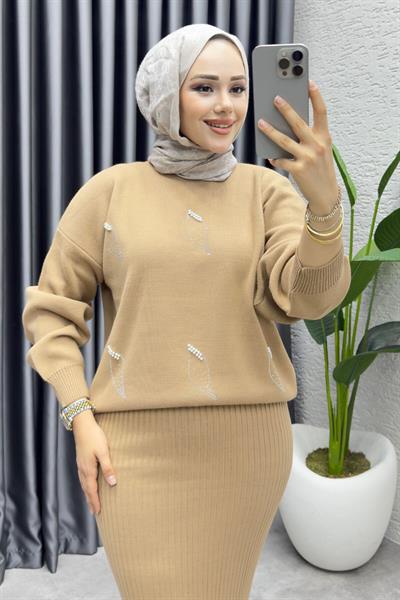 Bahar Taş Detaylı Triko Takım 1018 Latte