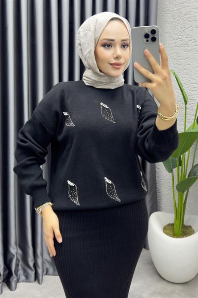 Bahar Taş Detaylı Triko Takım 1018 Siyah