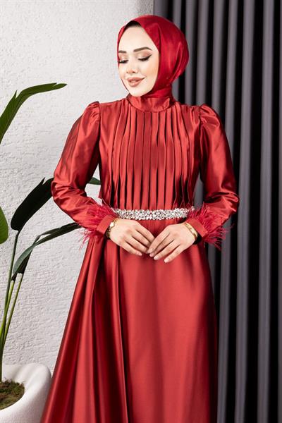 Beli Taşlı Drapeli Abiye 8006 Bordo