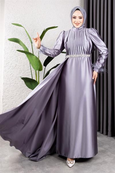 Beli Taşlı Drapeli Abiye 8006 Gri