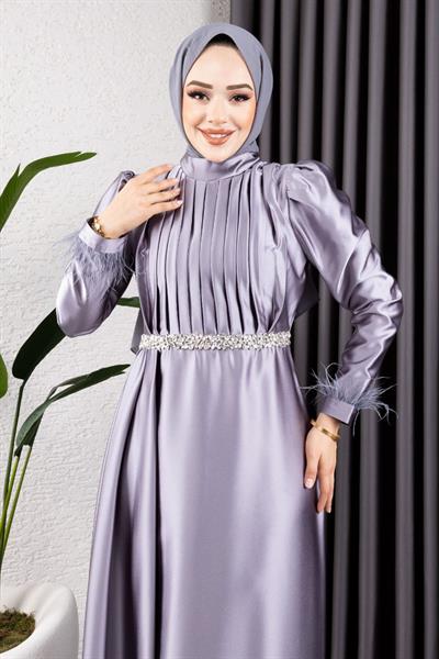 Beli Taşlı Drapeli Abiye 8006 Gri