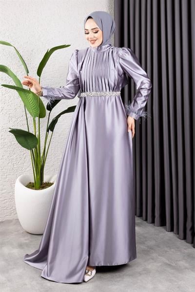 Beli Taşlı Drapeli Abiye 8006 Gri