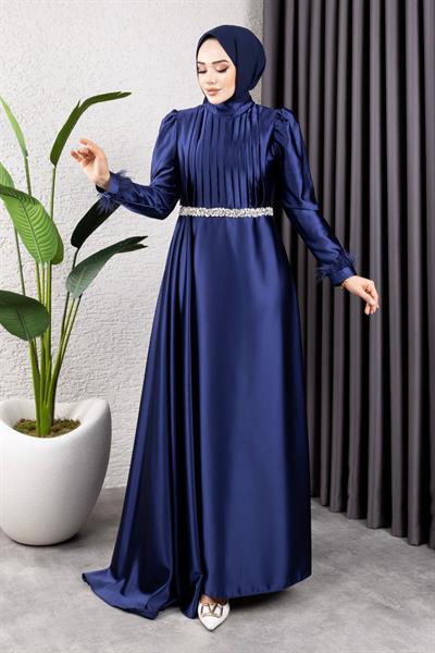 Beli Taşlı Drapeli Abiye 8006 Lacivert
