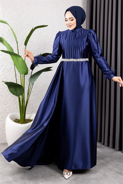 Beli Taşlı Drapeli Abiye 8006 Lacivert