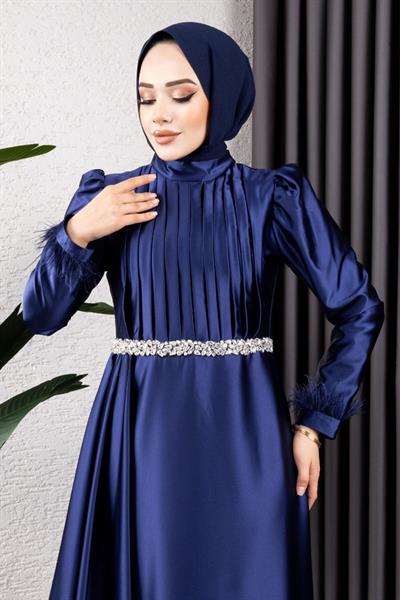 Beli Taşlı Drapeli Abiye 8006 Lacivert