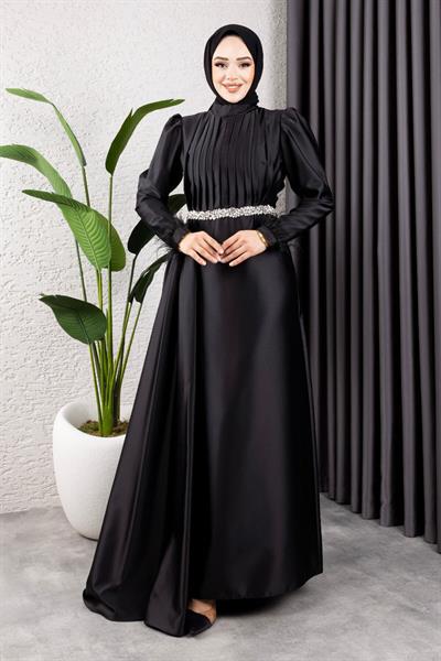 Beli Taşlı Drapeli Abiye 8006 Siyah