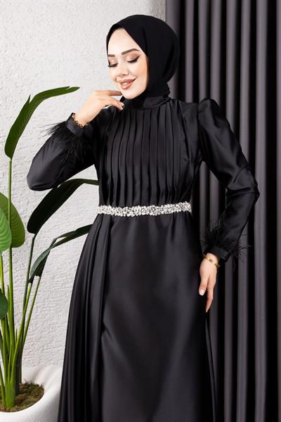 Beli Taşlı Drapeli Abiye 8006 Siyah