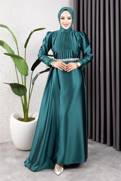 Beli Taşlı Drapeli Abiye 8006 Zümrüt