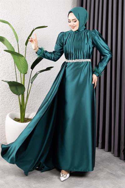 Beli Taşlı Drapeli Abiye 8006 Zümrüt