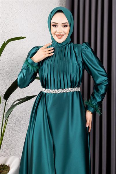 Beli Taşlı Drapeli Abiye 8006 Zümrüt