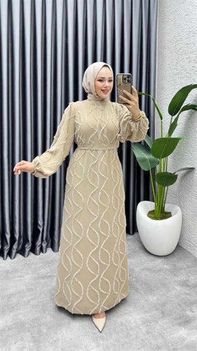 Bella Püsküllü Elbise 6223 Vizon