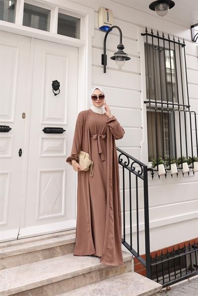 Betül İkili Abaya Elbise Takım 24686 Açık Kahve