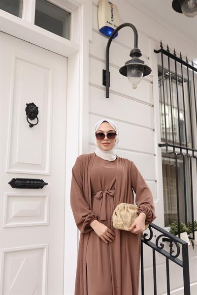 Betül İkili Abaya Elbise Takım 24686 Açık Kahve
