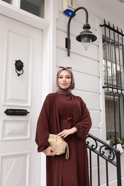 Betül İkili Abaya Elbise Takım 24686 Kahverengi