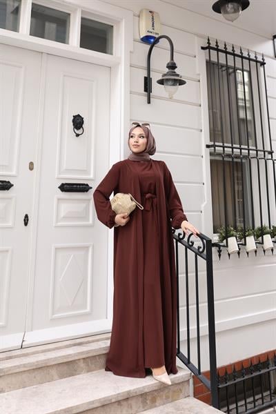 Betül İkili Abaya Elbise Takım 24686 Kahverengi