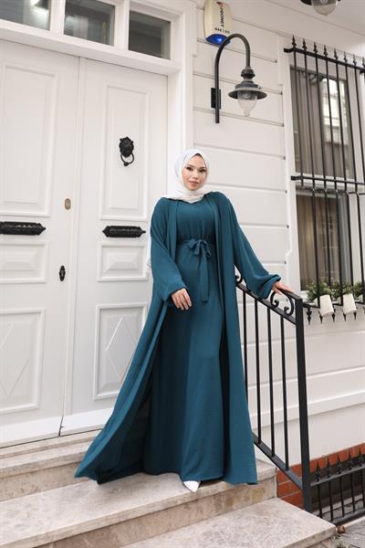 Betül İkili Abaya Elbise Takım 24686 Petrol