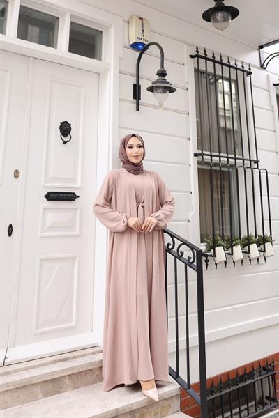 Betül İkili Abaya Elbise Takım 24686 Vizon