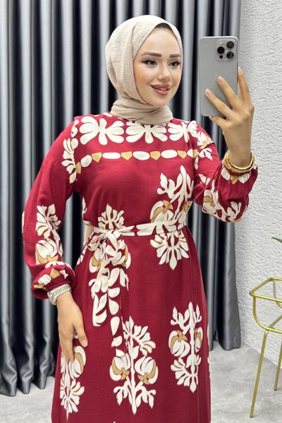 Desenli Viskon Elbise 1997 Bordo