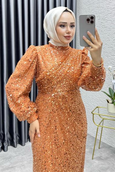 Drape İşlemeli Pullu Abiye 8012 Bakır
