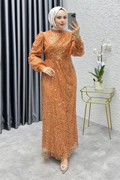 Drape İşlemeli Pullu Abiye 8012 Bakır