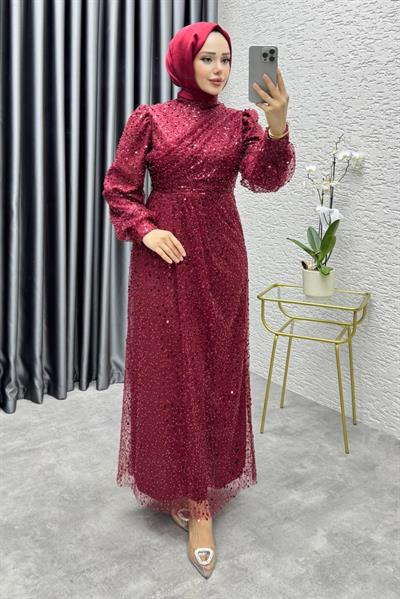 Drape İşlemeli Pullu Abiye 8012 Bordo