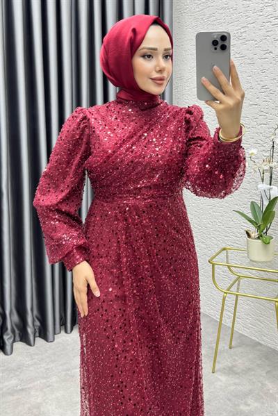 Drape İşlemeli Pullu Abiye 8012 Bordo