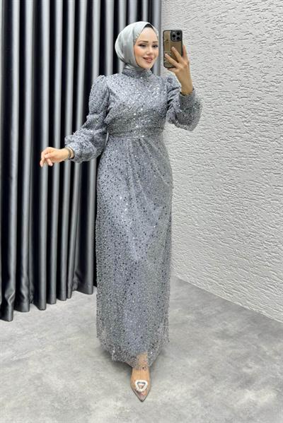 Drape İşlemeli Pullu Abiye 8012 Gri
