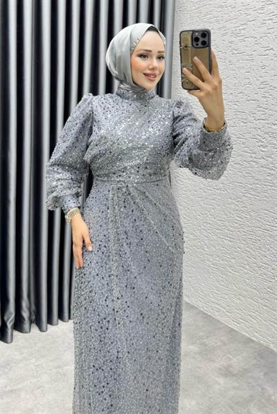 Drape İşlemeli Pullu Abiye 8012 Gri
