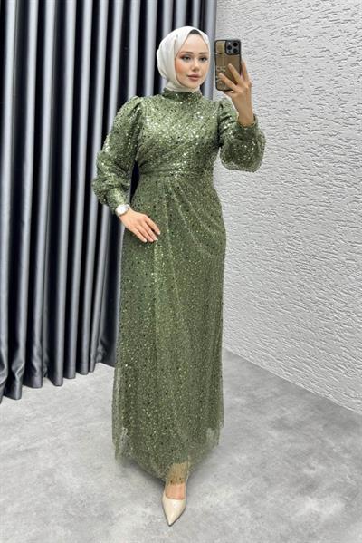 Drape İşlemeli Pullu Abiye 8012 Haki