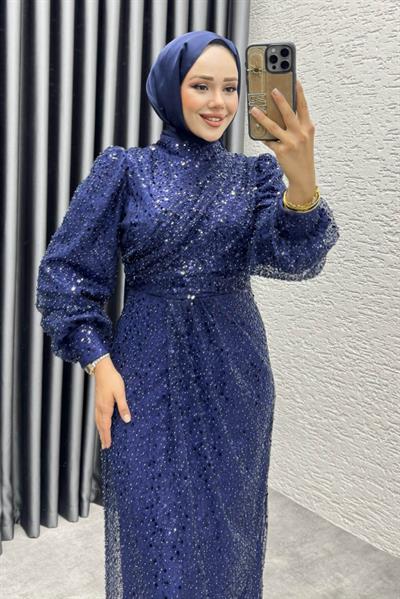 Drape İşlemeli Pullu Abiye 8012 Lacivert