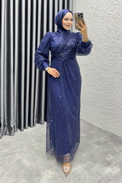Drape İşlemeli Pullu Abiye 8012 Lacivert