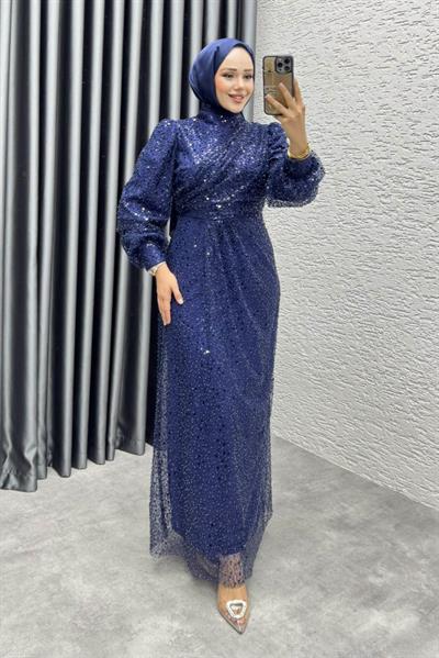 Drape İşlemeli Pullu Abiye 8012 Lacivert