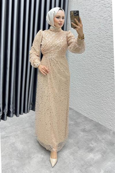 Drape İşlemeli Pullu Abiye 8012 Vizon