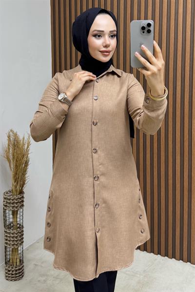 Düğme Aksesuarlı Gömlek Tunik 3047 Latte