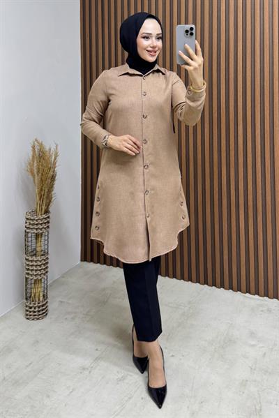 Düğme Aksesuarlı Gömlek Tunik 3047 Latte