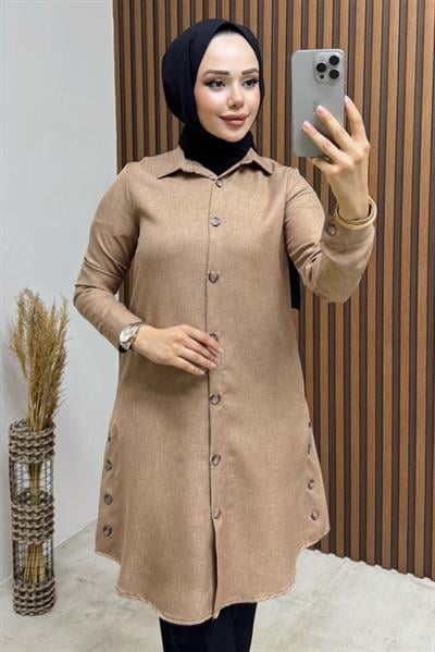 Düğme Aksesuarlı Gömlek Tunik 3047 Latte