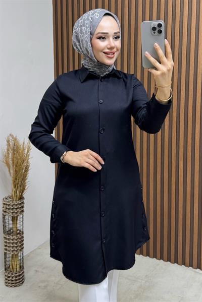 Düğme Aksesuarlı Gömlek Tunik 3047 Siyah