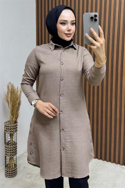 Düğme Aksesuarlı Gömlek Tunik 3047 Vizon