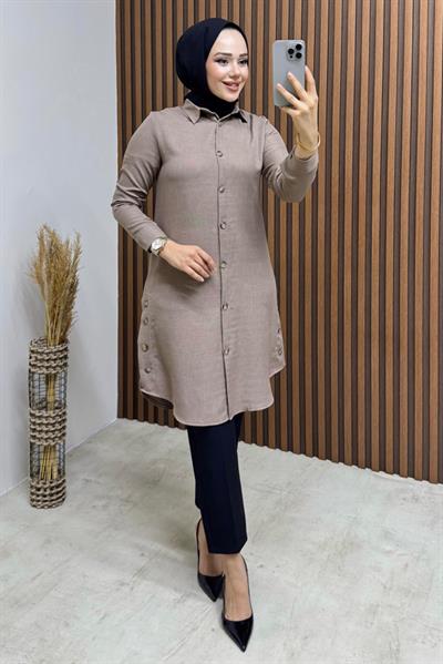 Düğme Aksesuarlı Gömlek Tunik 3047 Vizon