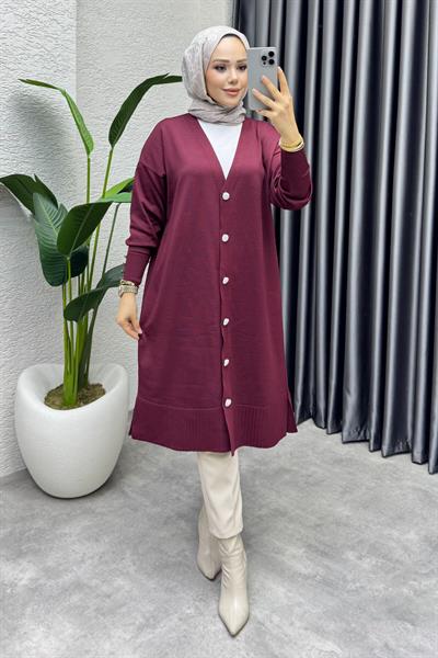 Düğme Detaylı Basic Triko Hırka 2529 Bordo